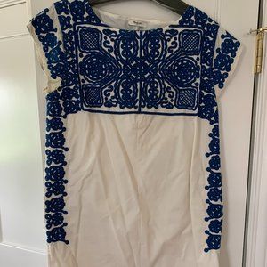 Madewell Cream Cotton Dress with Blue Embroidery